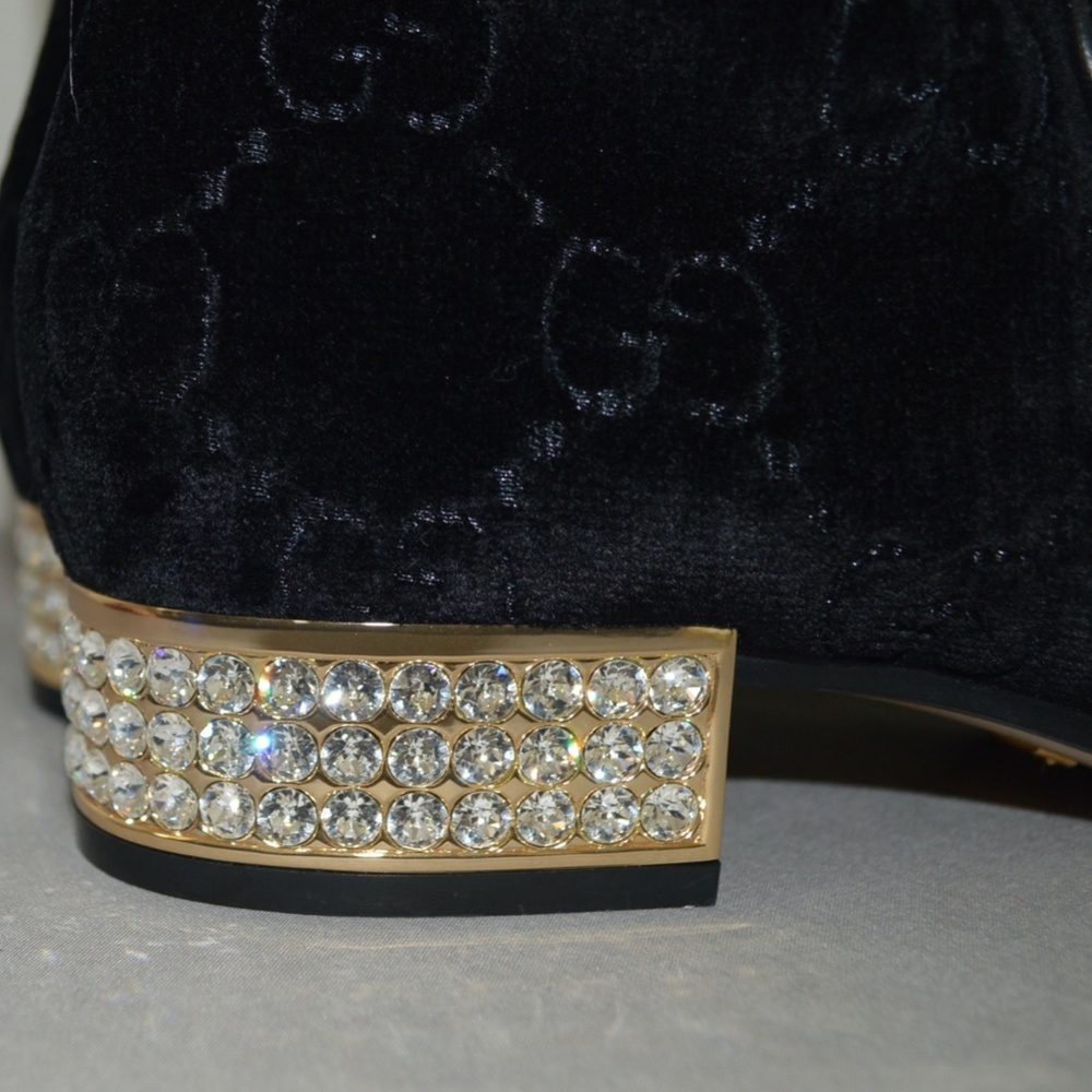 Gucci 'Mister GG' Monogram Velvet Horsebit With Rhinestone Black Boots SZ 37.5 - Picture 10 of 14